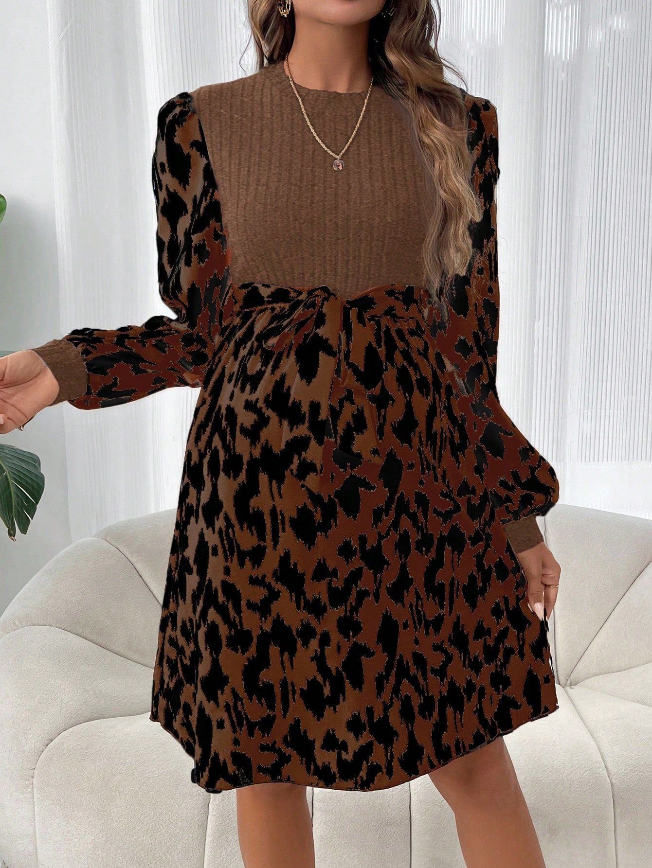 Pregnant Women Leopard Print Printed Patchwork Lantern Sleeve Dress Spring