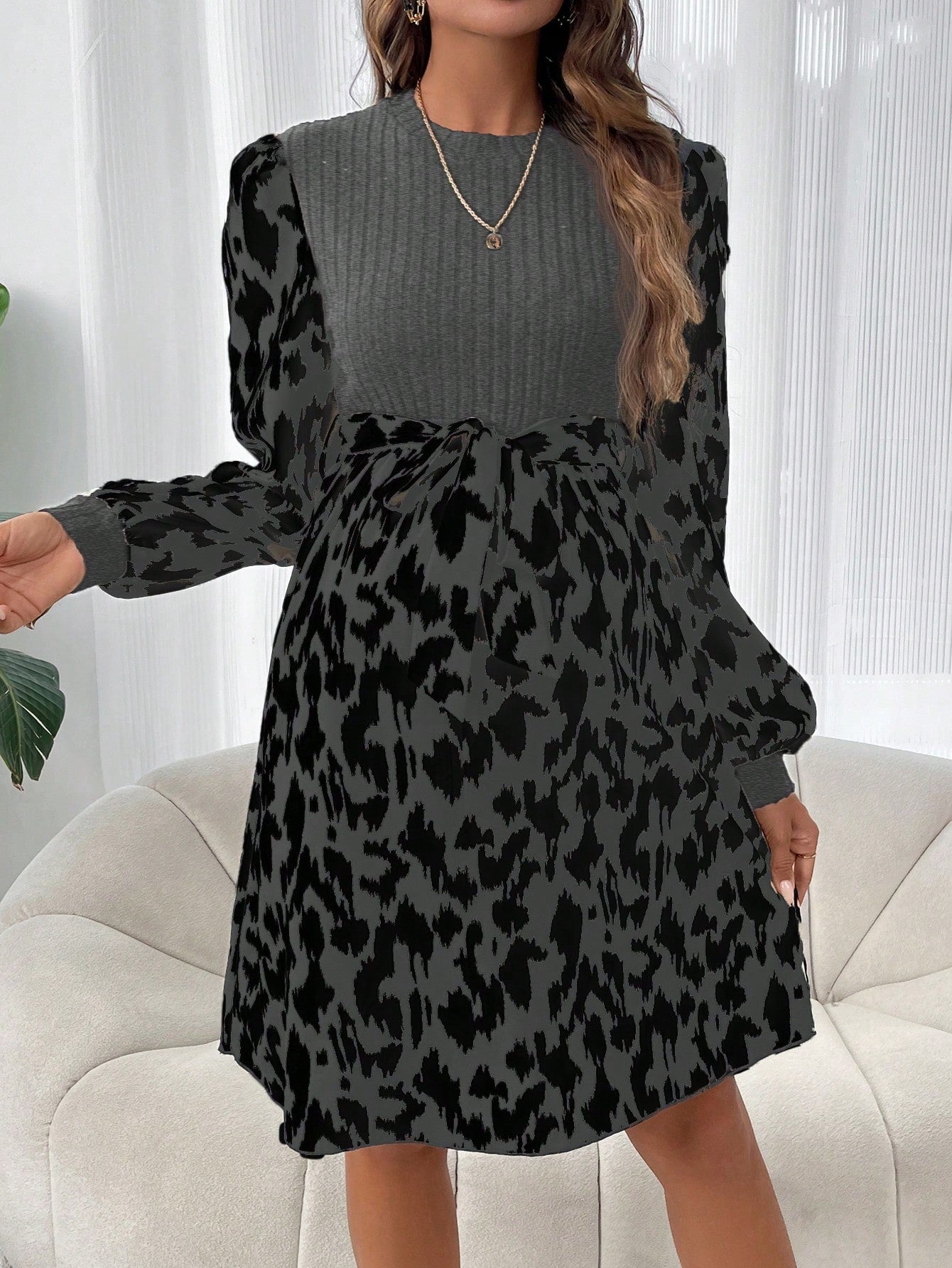 Maternity Round Neck Printing Patchwork Long Sleeve Casual Dress With Belt