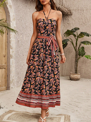 Women Vacation Leisure Paisley Print Long Halter Dress