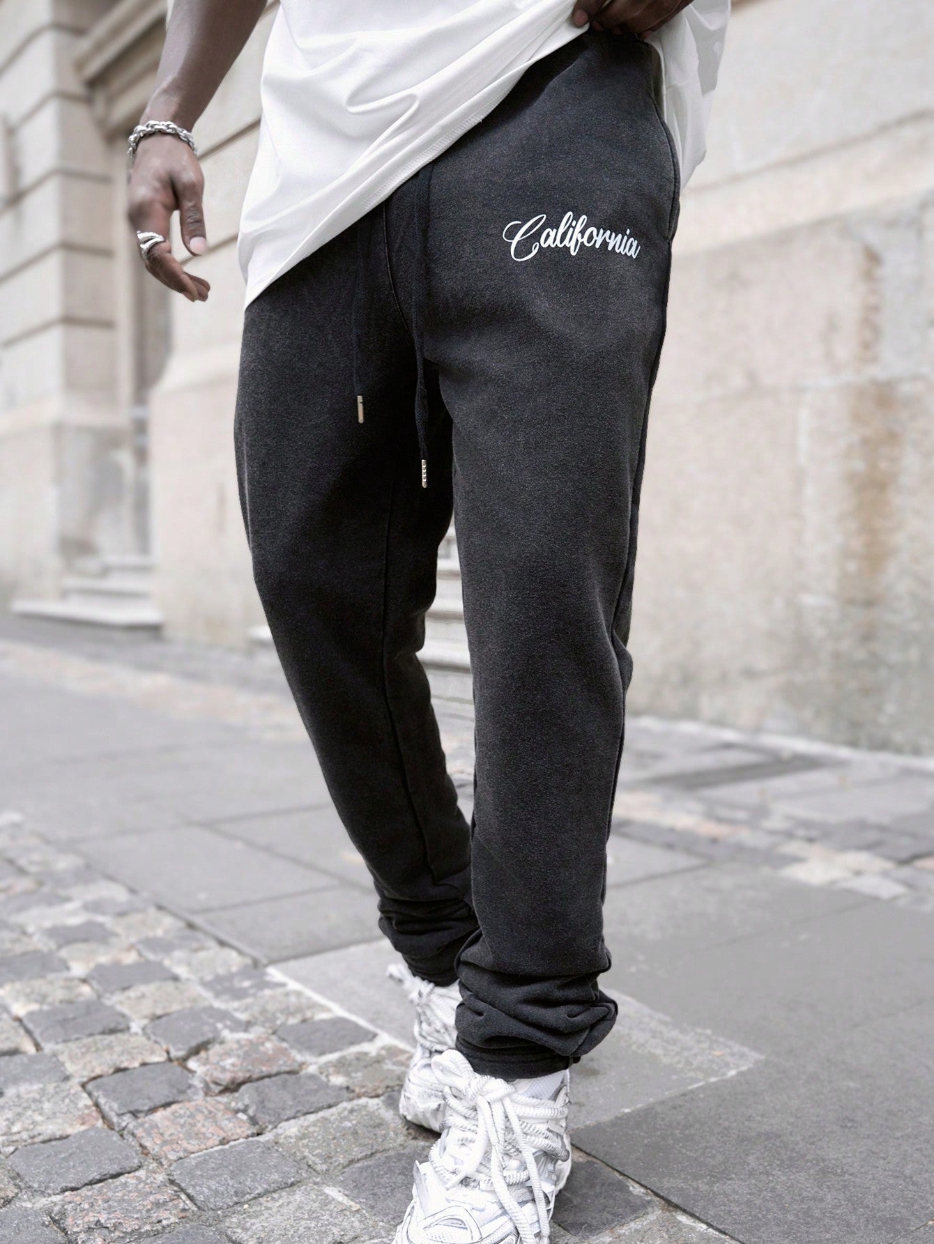 Men Street Style Letter Embroidery Washed Casual Sweatpants