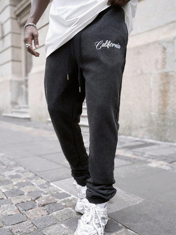 Men Street Style Letter Embroidery Washed Casual Sweatpants