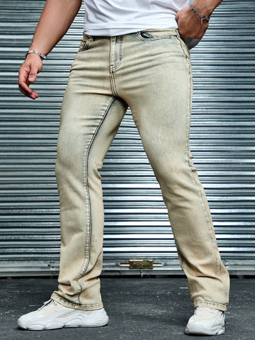 Men Vintage Denim Snowflake Bleach Dyed Flared Jeans