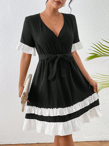 Women Color Block Ruffle Sleeve Wrap Neck Summer Dress