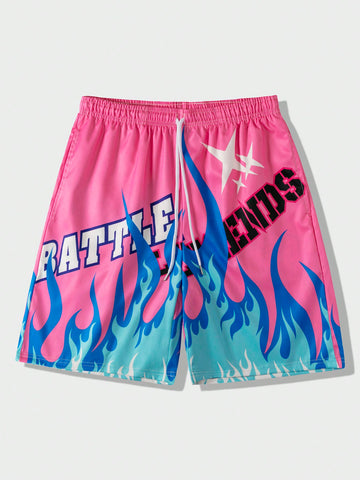 Men Flame Slogan Print Shorts, Suitable For Everyday Wear In Spring And Summer