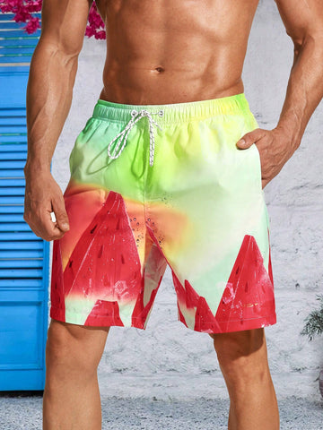 Men Watermelon Pattern Drawstring Beach Shorts, Summer