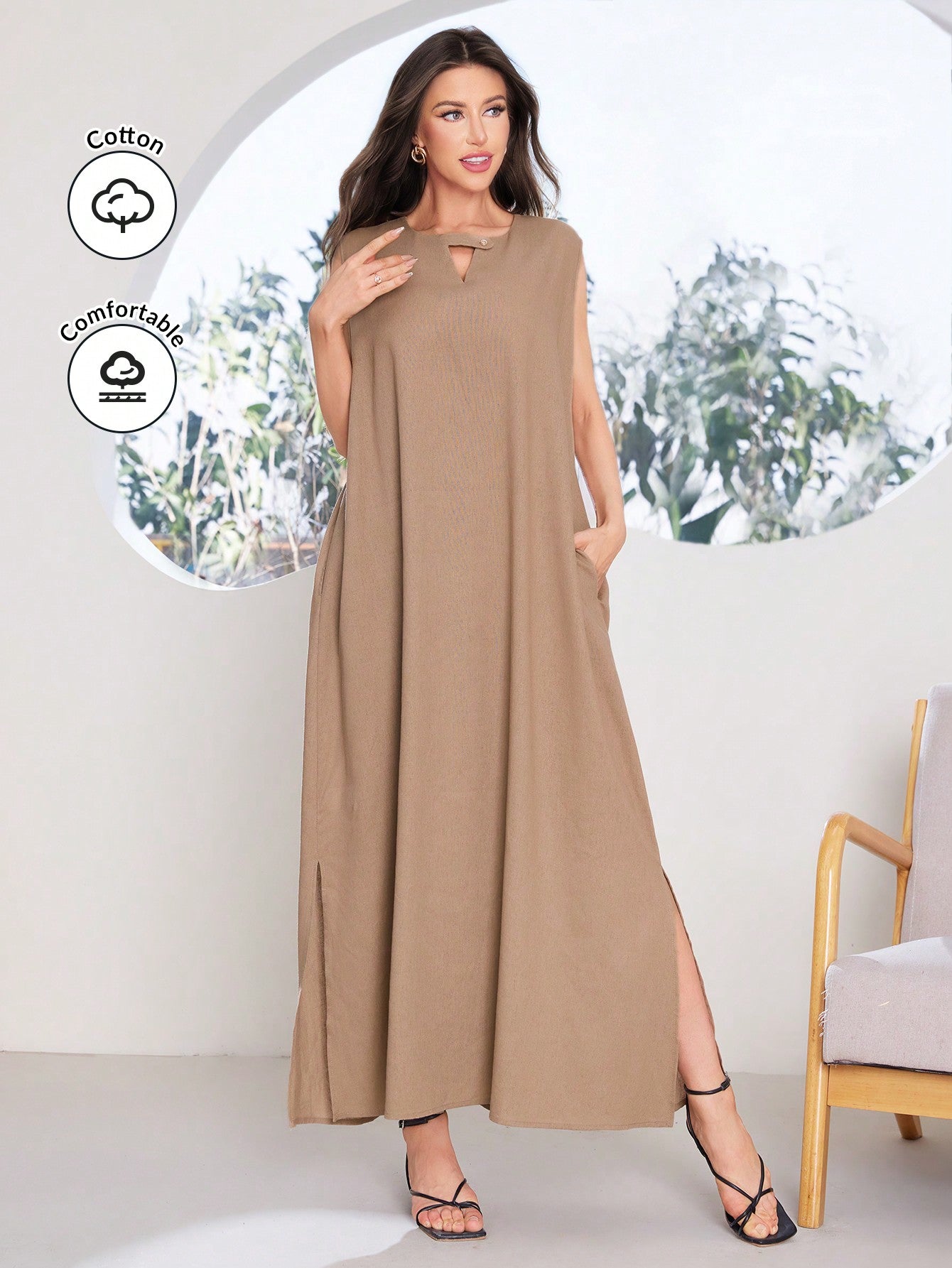 Ladies Lock-Key Collar Pocket Long Solid Color Elegant Arabic Dress