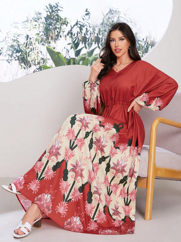 Women Vacation Casual Lantern Sleeve Floral Print Drawstring Waist Long Dress With Color Block Design