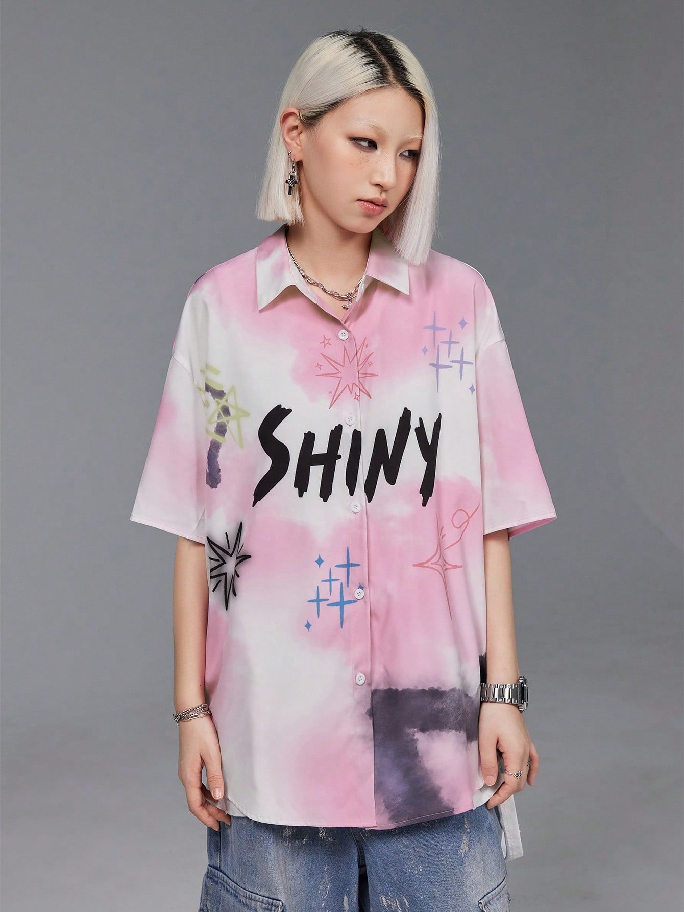 2024 Women Star Paint Spray Effect Gradient Short Sleeve Shirt Streetwear Fashion