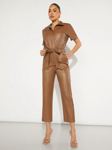 Pocket Patched Belted PU Leather Jumpsuit