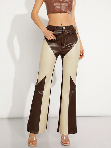 Two Tone Colorblock PU Leather Flare Leg Pants For Summer Commute