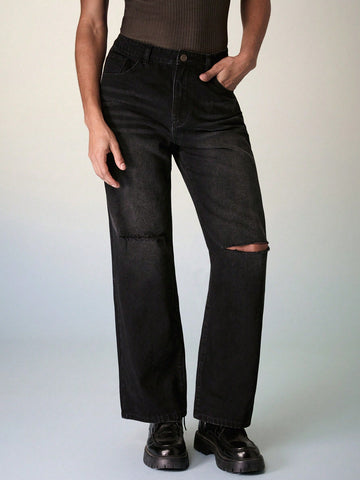 Men Black Denim Neutral Ripped Wide Leg Pants, Summer Spring