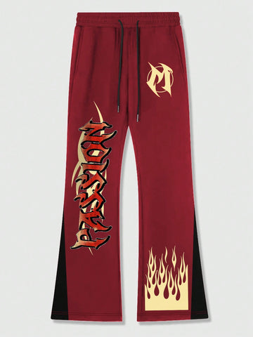 Men Colorblock Flame Letter Printed Drawstring Waist Flared Sweatpants