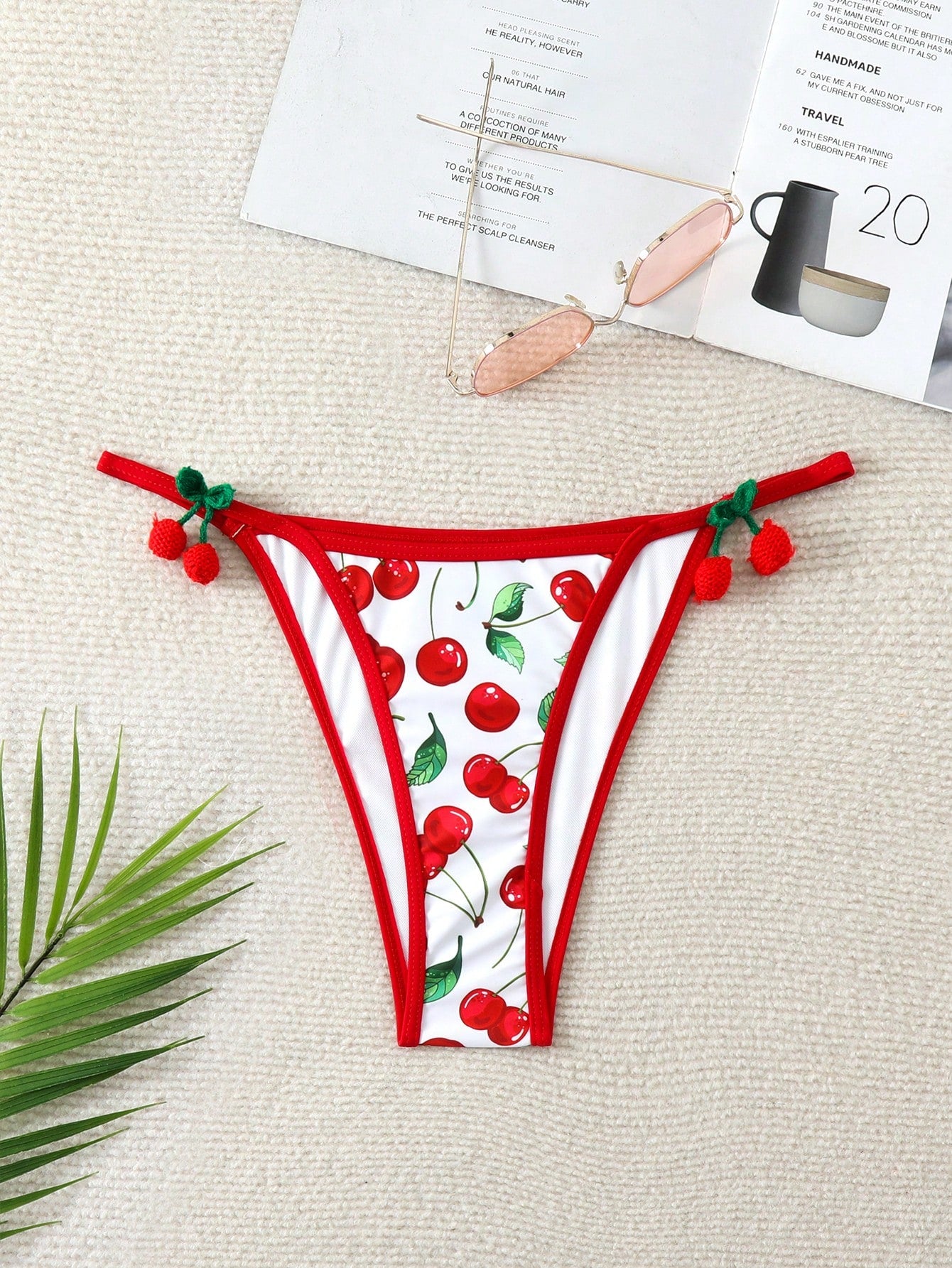 Women Cherry Print Bikini Thong Bikini Bottom For Vacation