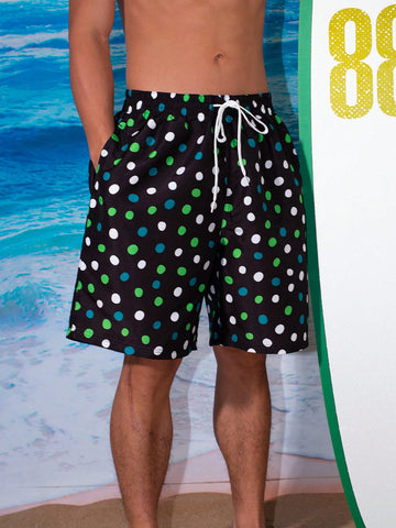 Men Casual Polka Dot Printed Beach Shorts With Drawstring Waist, Perfect For Vacation