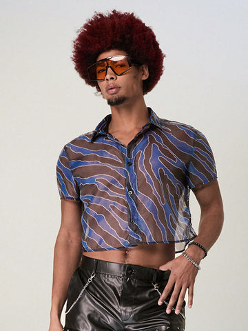 Men Summer Sexy Color-Block Printed Mesh Sheer Cropped Shirt