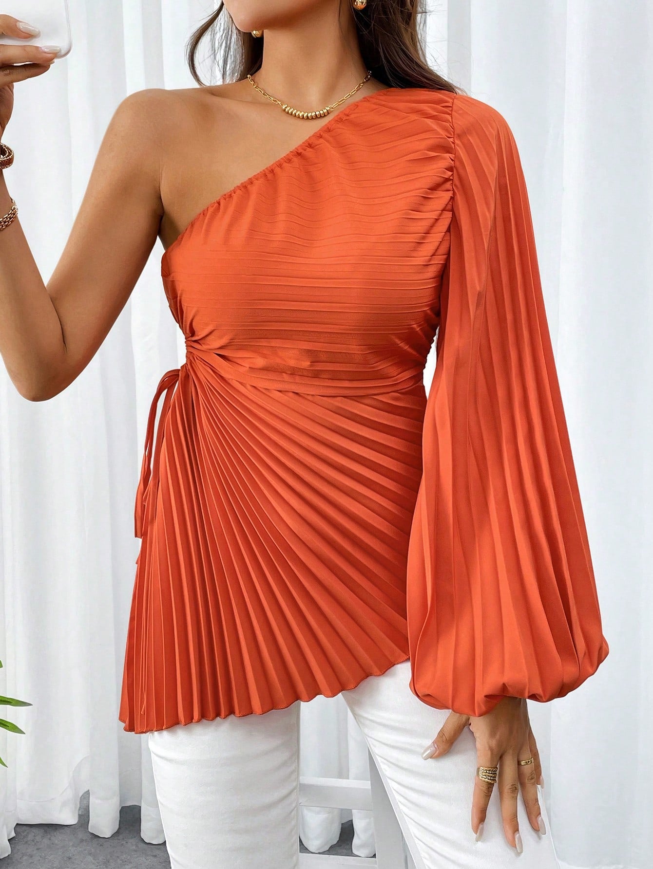 Women Simple And Elegant Solid Color One Shoulder Blouse With Hollow-Out Waist, Asymmetric Hemline And Pleated Design For Summer Spring