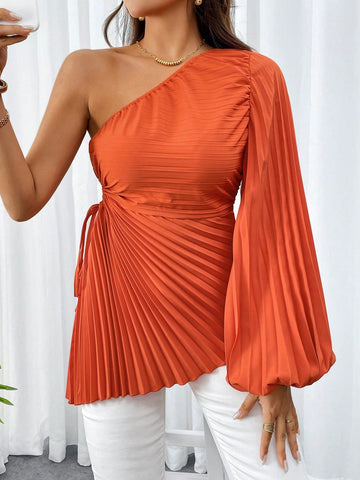 Women Simple And Elegant Solid Color One Shoulder Blouse With Hollow-Out Waist, Asymmetric Hemline And Pleated Design For Summer Spring