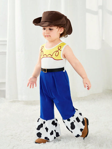 2pcs Baby Girls' Cute Western Cowboy Role Play Romper With Hat, Casual Playwear For Spring/Summer