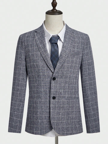 Men Plaid Printed Notched Lapel Single-Breasted Blazer For Casual Occasions