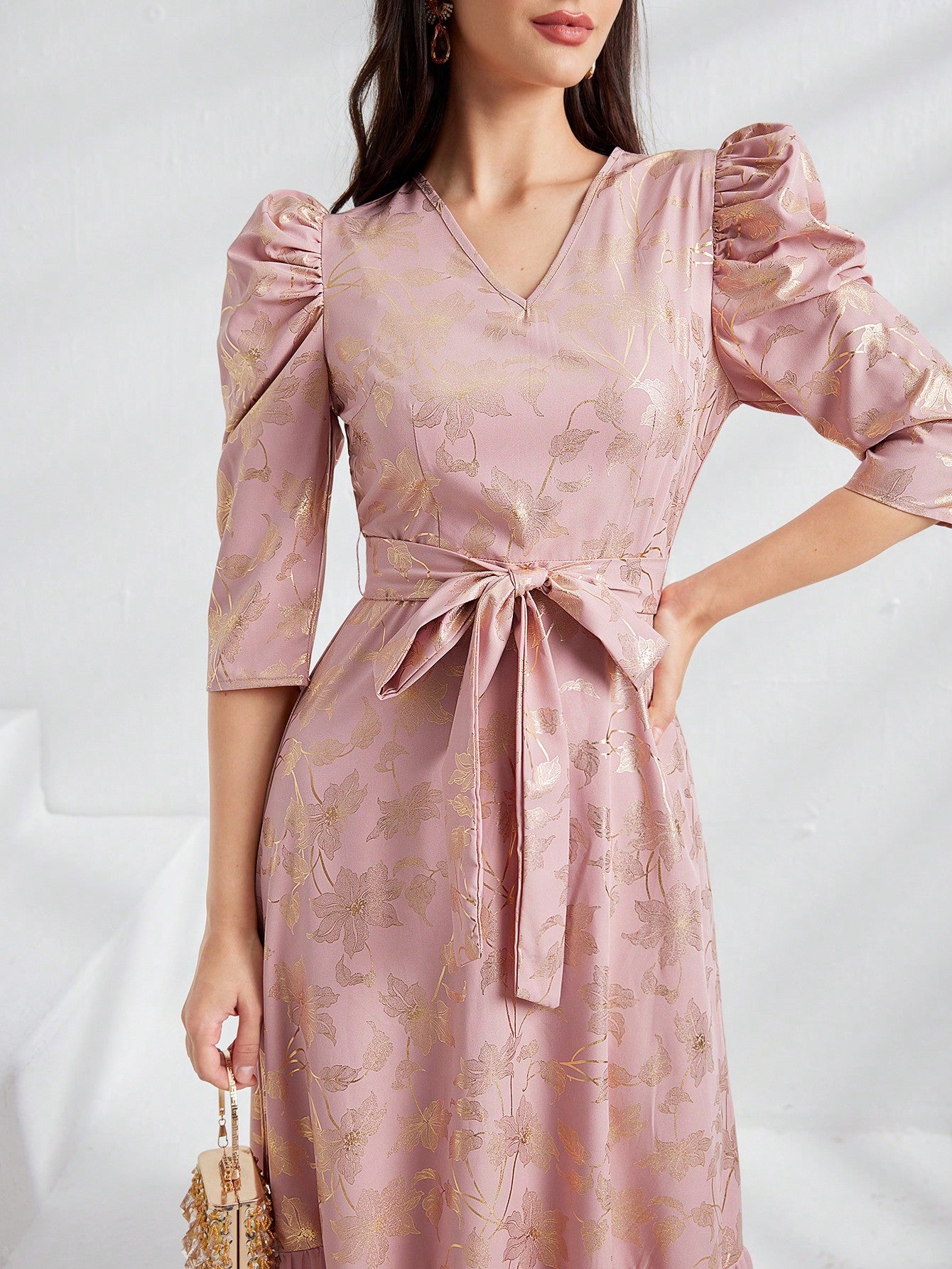 Women Elegant Dress With Gold Foil Print, Patchwork Design And Gigot Sleeves