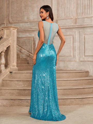 Gorgeous And Elegant Blue Sequin Fabric Spliced Net Cloth, Transparent Structure Design On The Back, The Lower Hem Has A High Slit Fishtail Skirt With Petticoat, Suitable For Formal Evening And Party Dresses.