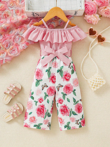 Baby Girl Casual Elegant Rose Print Cold Shoulder Jumpsuit , Suitable For Spring/Summer