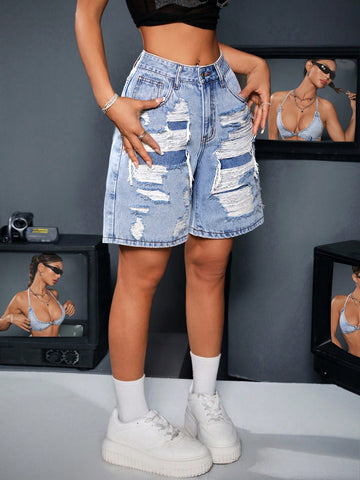 Ladies' Fashionable Loose Fit Casual Denim Shorts With Distressed Design