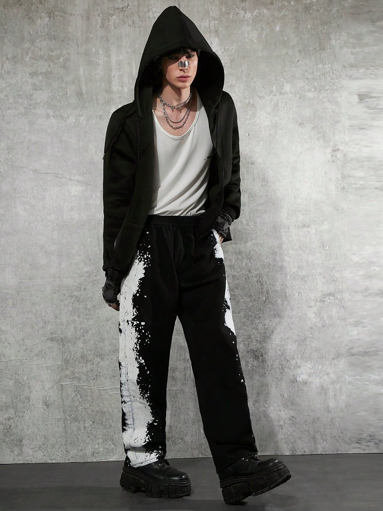 Men's Personalised Black Denim Pants, Wide Leg Cut, Unique Ink Splatter Print, Y2K Streatwear Fashion, Crafted For Street Style Aficionados Seeking Bold And Artistic Looks.