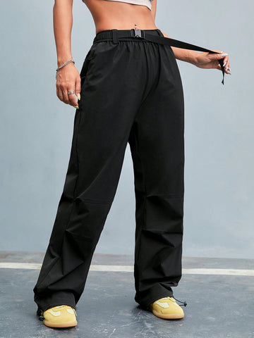 Women Solid Color Belted Straight Sport Pants With Pockets