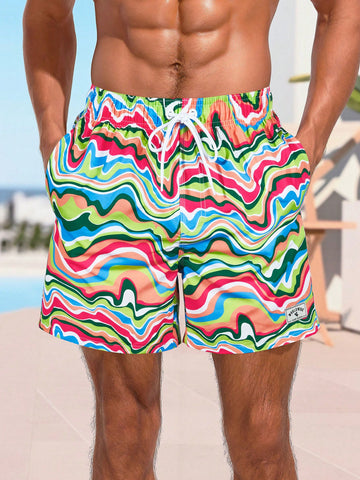 Men's Vacation Style Ocean Wave Striped Printed Beach Shorts