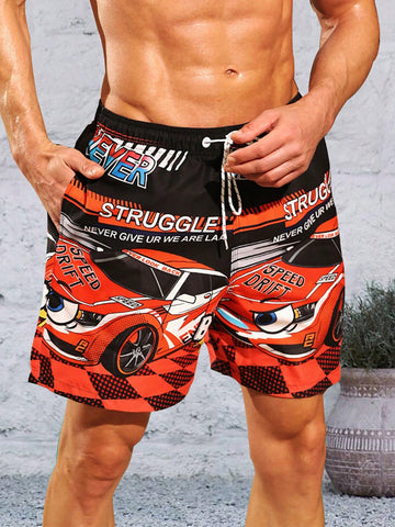 Men's Beach Shorts With Drawstring Waist And Car Print Design With Pockets