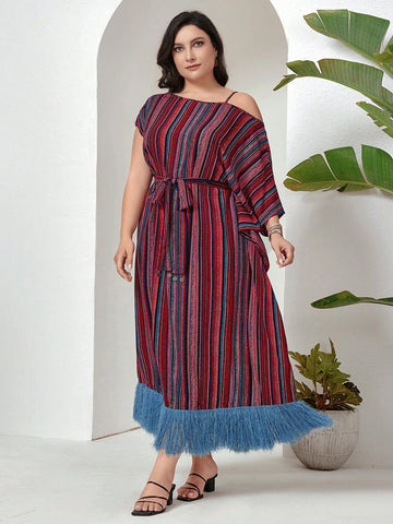 Plus Size Women Belted Decorative Dress With Tassel Hem Decoration