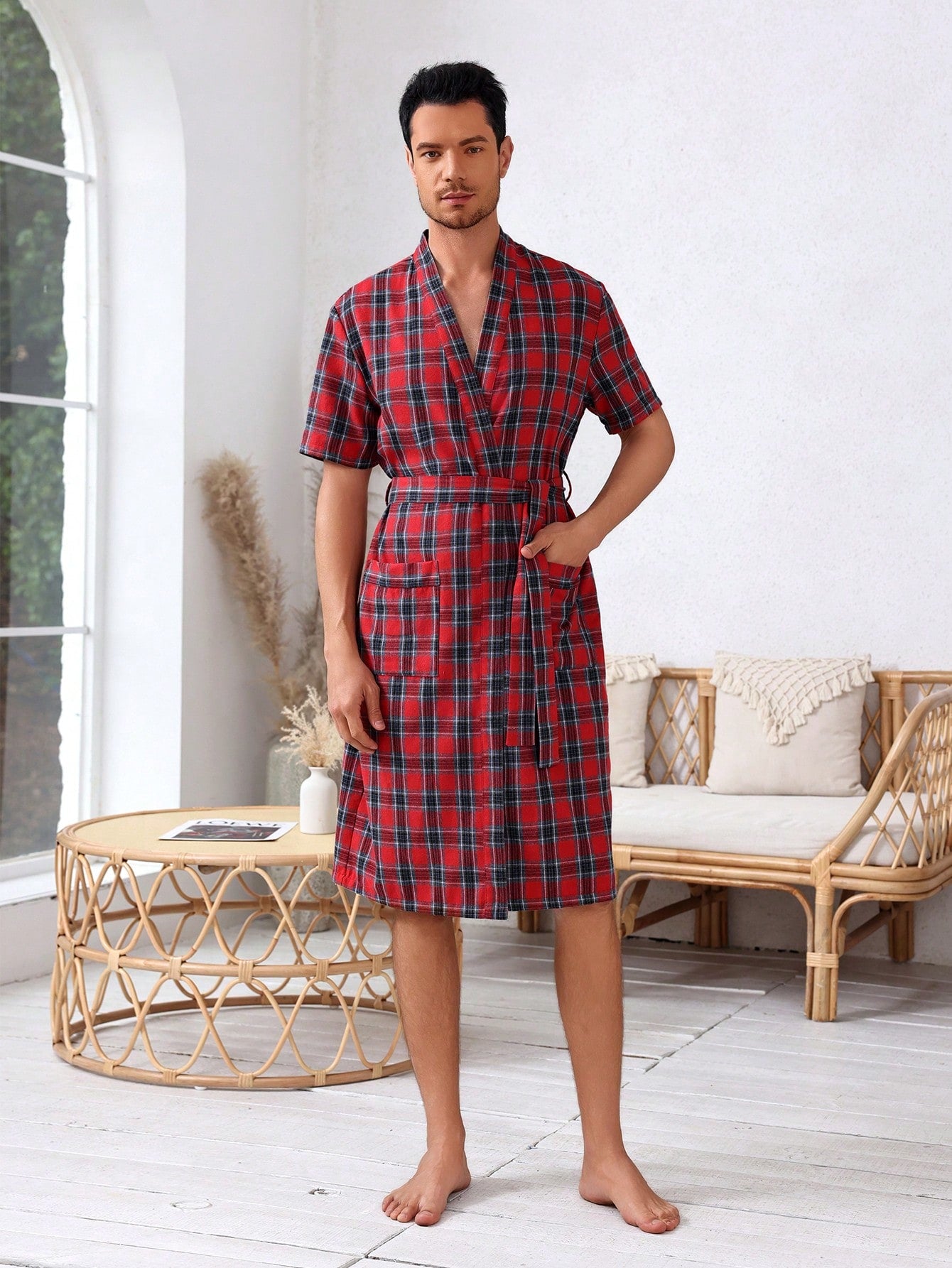 Men Plaid Printed Short Sleeve Homewear With Belt