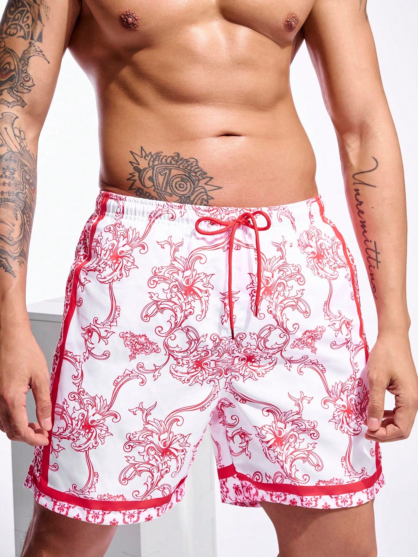 Men Floral Print Drawstring Waist Wide Leg Beach Shorts, Vacation