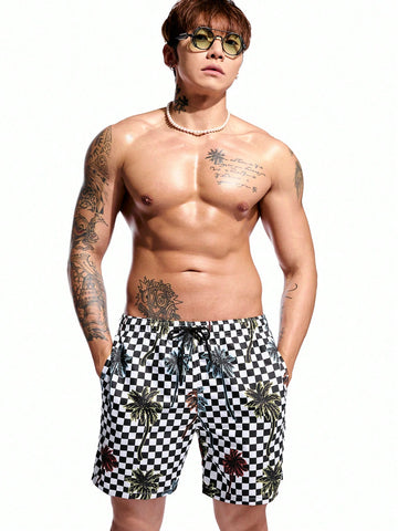 Men Vacation Casual Checkered Coconut Tree Printed Beach Shorts