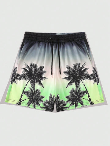 Men Palm Tree Printed Ombre Shorts, Suitable For Spring And Summer