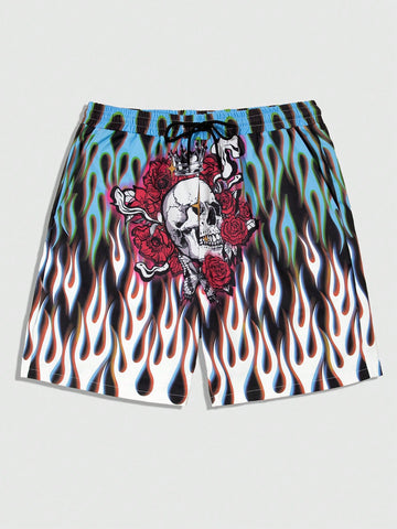 Men's Flame Skull & Floral Printed Drawstring Waist Shorts For Summer