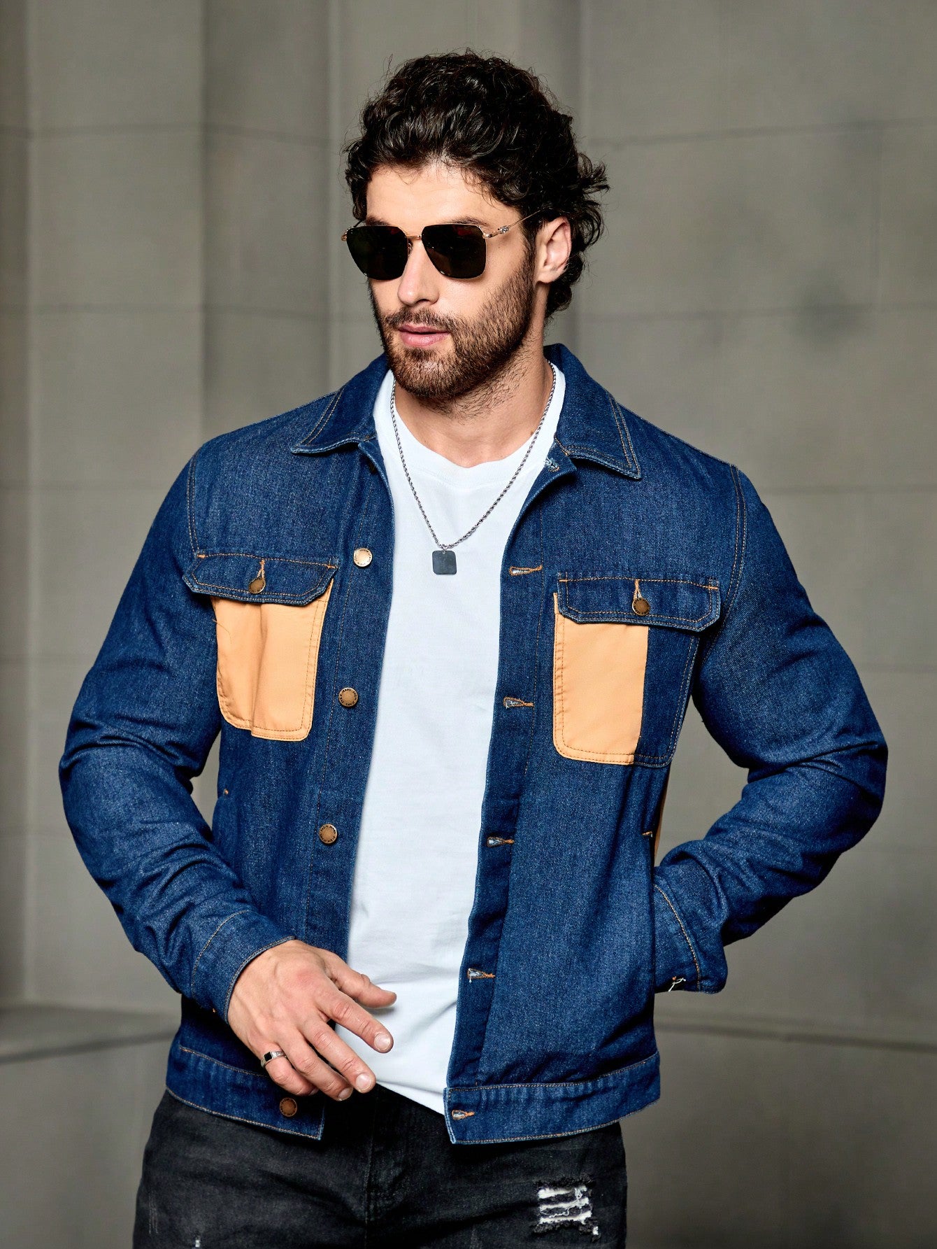 Men Spring And Autumn Long-Sleeved Color-Block Casual Denim Jacket With Flip Pocket