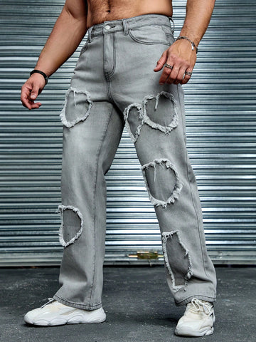 Men Street-Style Light Grey Denim Jeans With Heart Print And Frayed Hem