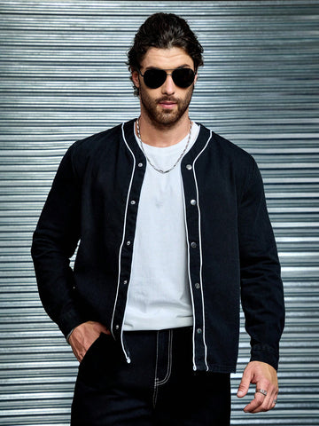 Men Black Denim Baseball Jacket