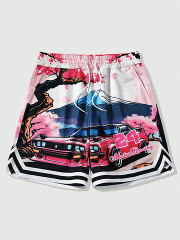 Men Summer Loose Fit Letter & Car Printed Drawstring Waist Casual Shorts