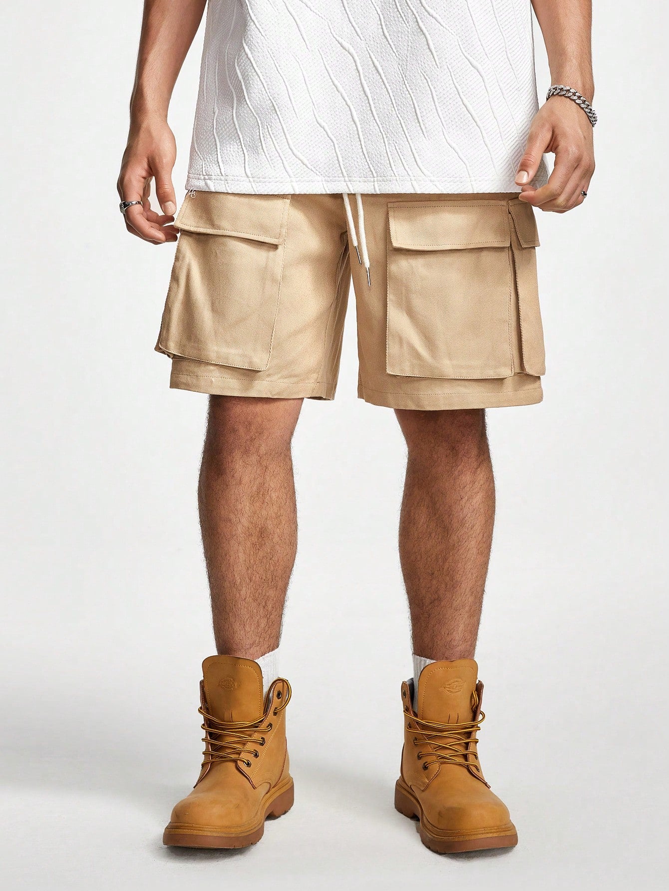 Men Summer Solid Color Drawstring Waist Workwear Pocket Casual Shorts