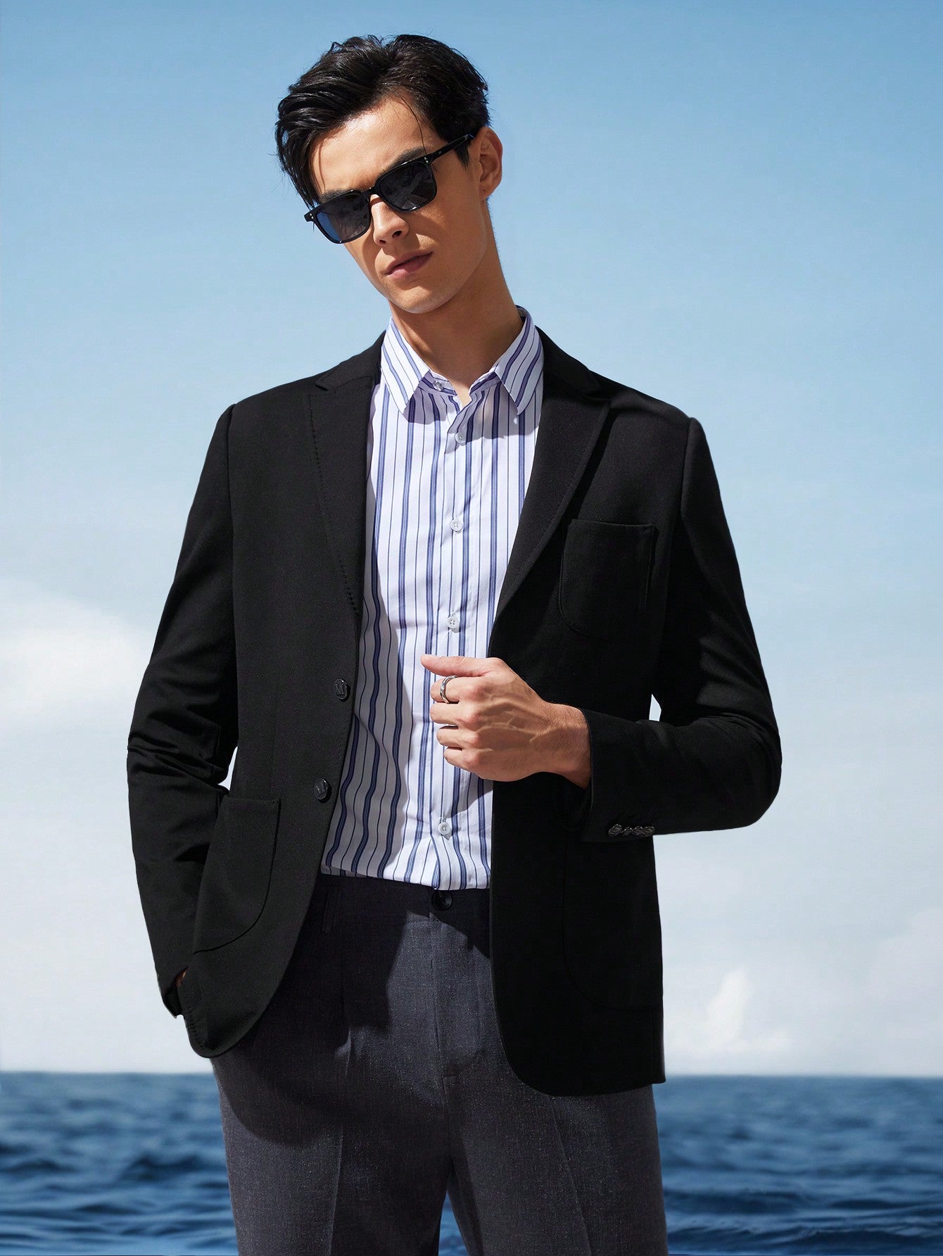 Easy Care Stretch Summer Men Knitted Solid Color Business Suit Jacket