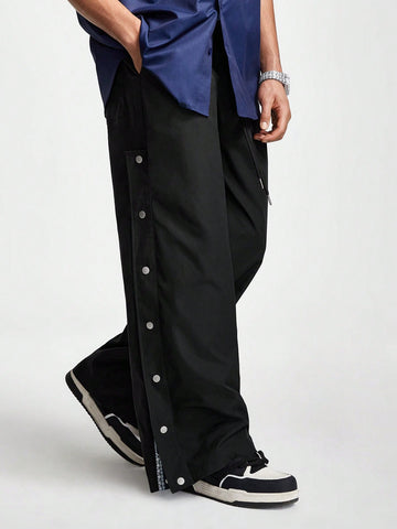 Men Side Button Design Drawstring Waist Wide-Legged Pants