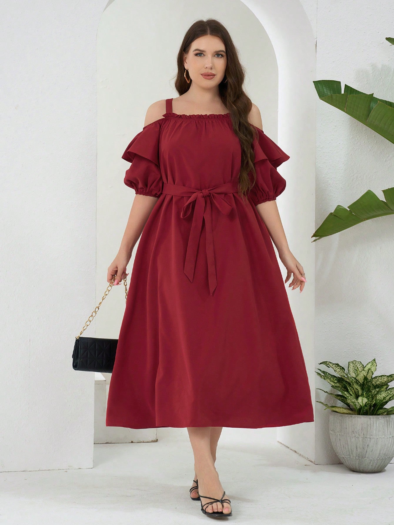 Plus Size Solid Color Thick Strap Ruffle Off Shoulder Sleeve Summer Dress