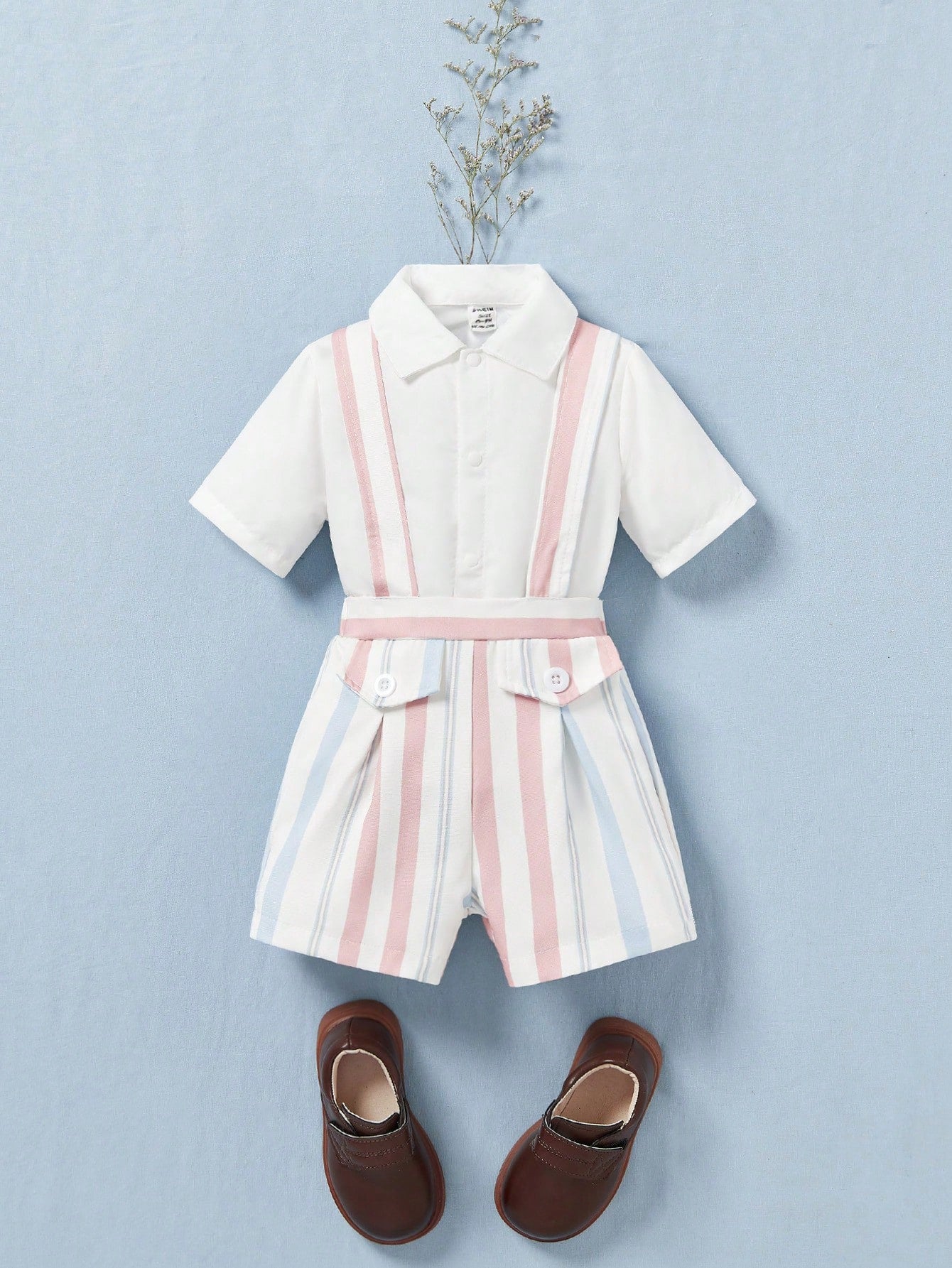 Baby Boy Summer Solid Color Short Sleeve Casual Shirt And Striped Suspenders Shorts Gentlemen Suit