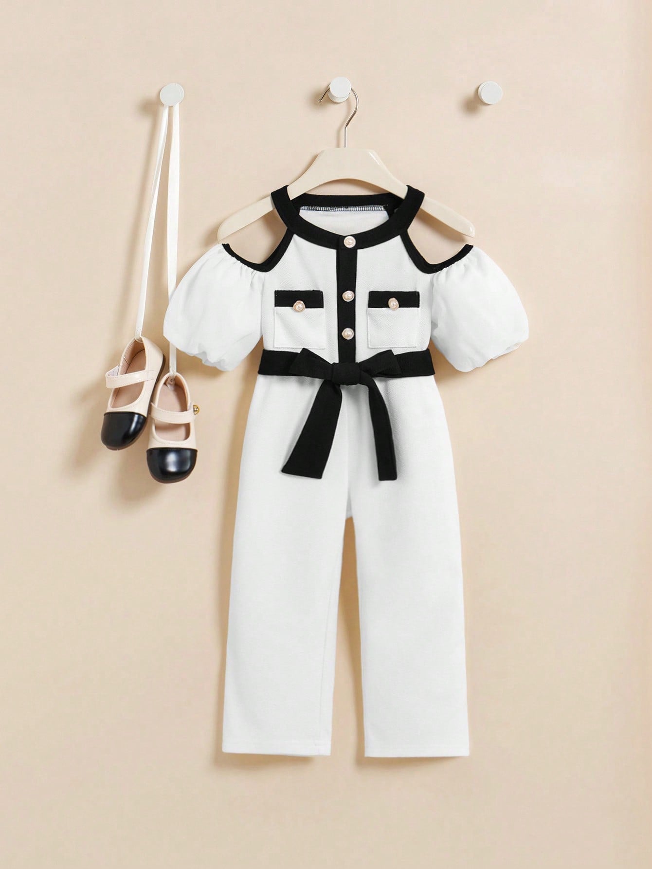 Young Girl Color Block Open Shoulder Puff Sleeve Jumpsuit