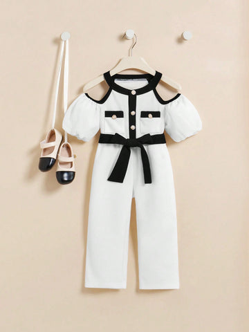 Young Girl Color Block Open Shoulder Puff Sleeve Jumpsuit