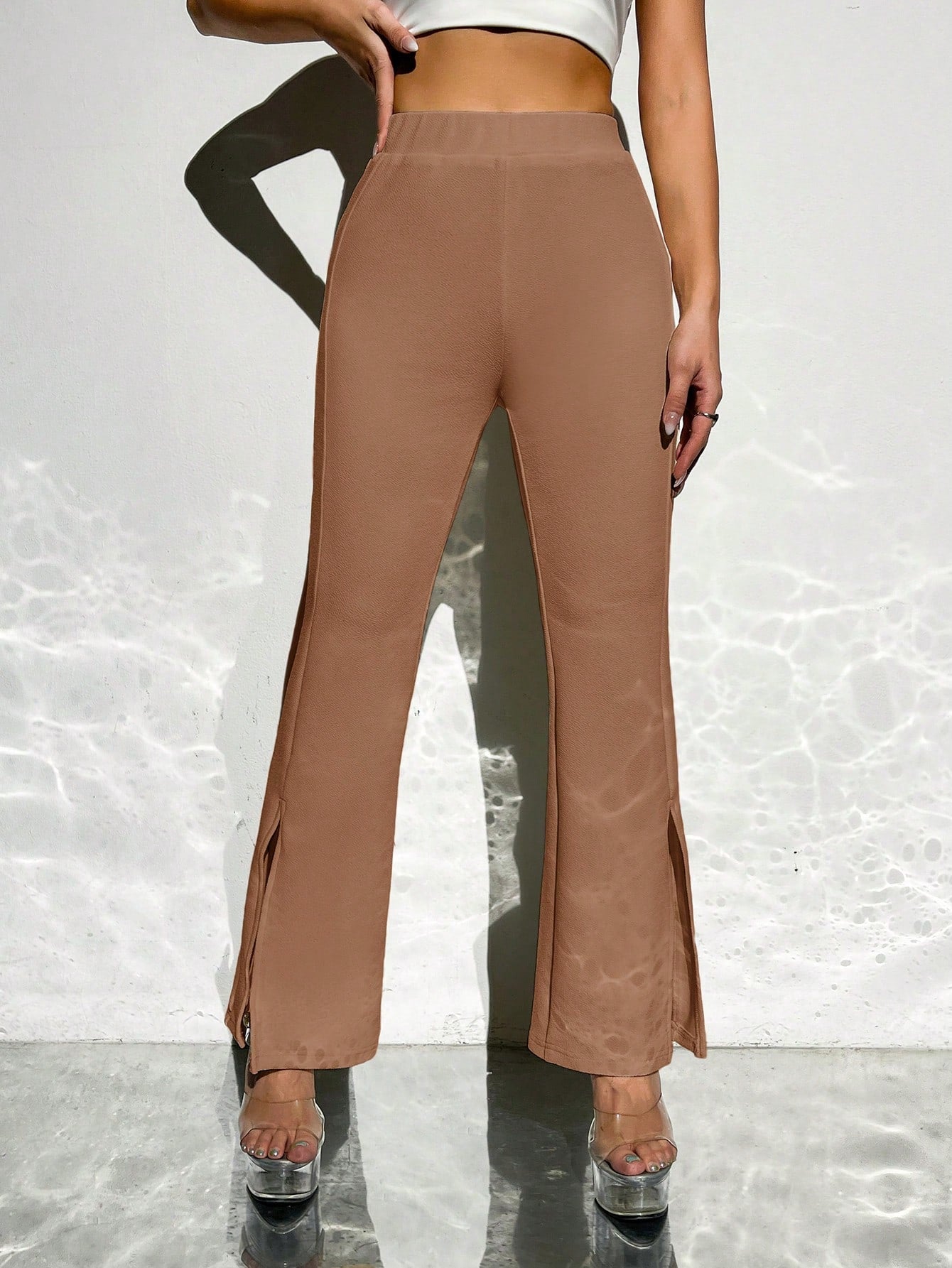 Casual Elastic Waist Split Hem Flare Leg Pants