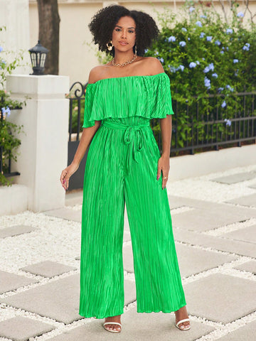 Women's Ruffle Ruffle Edge Pleated Wide-Leg Jumpsuit With Belt